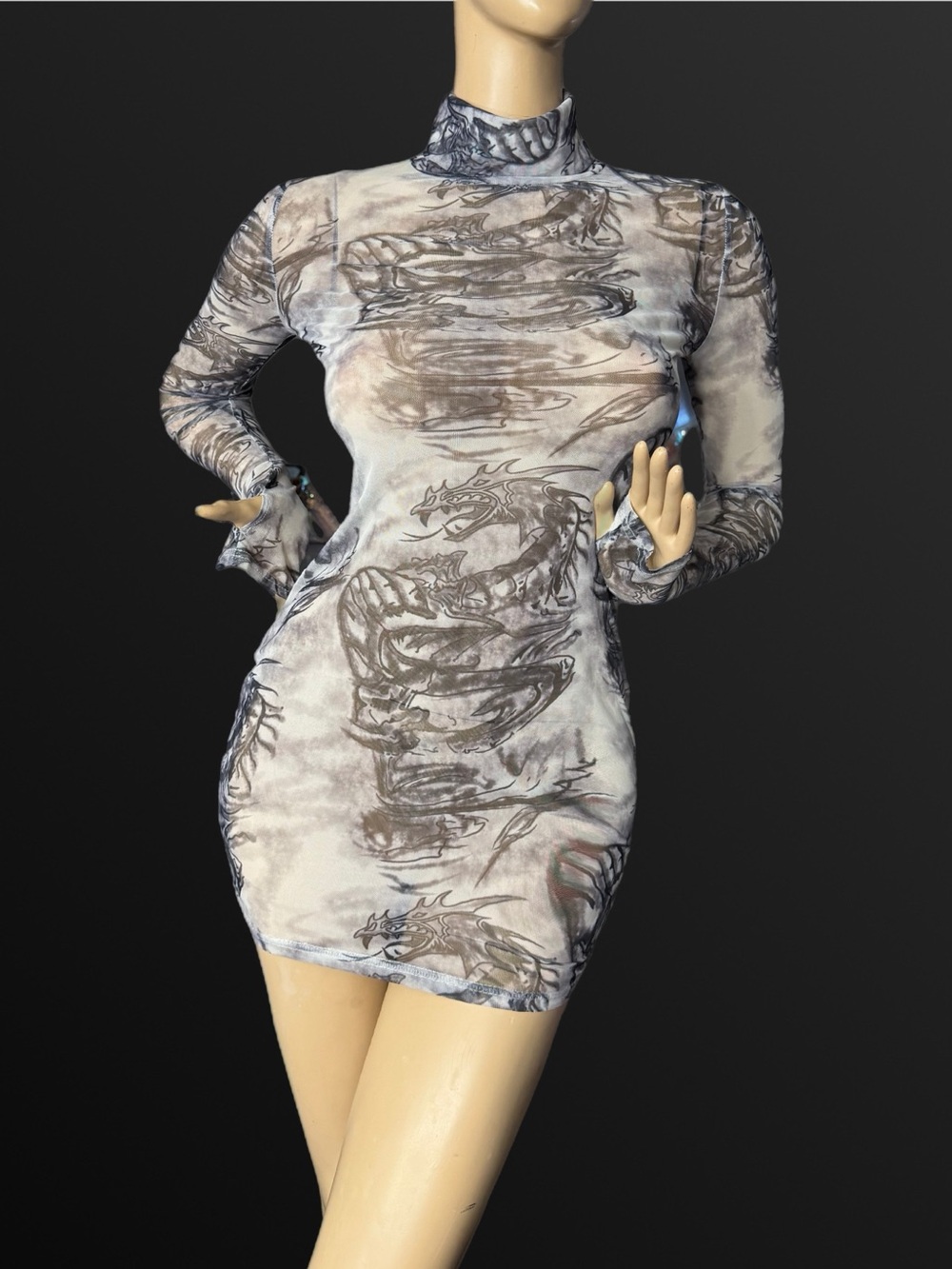 Do my self Dragon-Print Sheer Bodycon Mini Dress in Gray stretch